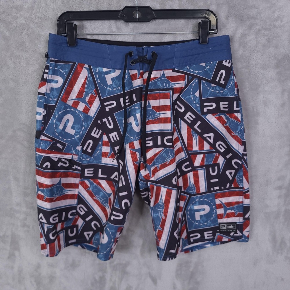 Pelagic Board Shorts Mens 30 Patriotic USA Flag Marlin Swim Trunks Quick Dry